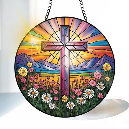 VAIIEYO Cross Sun Catcher Stained Glass Window Hanging Ornament, Handmade Sun Catcher Religion Decoration with Hooks for Window Garden Home, Mother's Day & Birthday Housewarming Gift (7.8 inch)