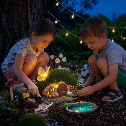 Solar Fairy Garden House Accessories, Outdoor Garden Statues with Butterfly Lights & Gnomes Gardening Gifts for Women, House Sculpture Figurine Outside Garden Decorations for Yard Patio Lawn Decor
