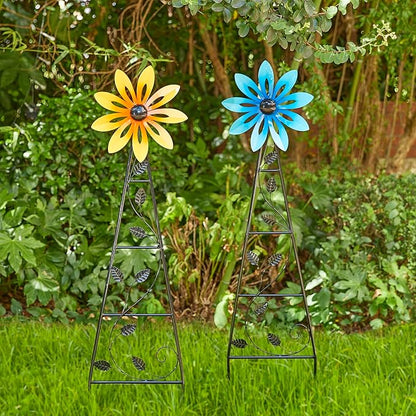 Glitzhome Windmill for Yard, Yellow Flower Garden Windmill Outdoor Wind Spinner, Metal Weather Vane Sunflower Decor, 44”H