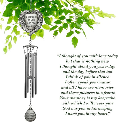 Memorial Wind Chimes Outdoor – Sympathy Gift Loss of Loved One – I Thought of You with Love Today Poem – Angel Wings Heart Teardrop Charm – in Loving Memory Wind Chime 23 Inch