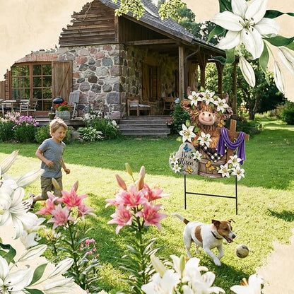 Amyhill Easter Outdoor Decor Highland Cow Metal Garden Stakes Decorative He is Risen Highland Cow Yard Signs with Stakes Cattle Lily Yard Sign for Easter Christian Holiday Garden Lawn Decor