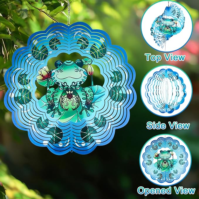 Wind Spinner Mandala 12 inch 3D Stainless Steel Laser Cut Metal Art Geometric Pattern Hanging Wind Spinner (Green Frog)