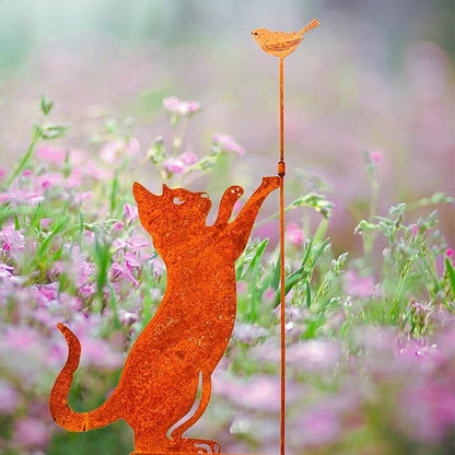 27.17” Metal Cat and Bird Silhouette Stake - Rustic Garden Statue, Outdoor Yard Decoration, Cat Lover’s Gift, Weather-Resistant Garden Ornament