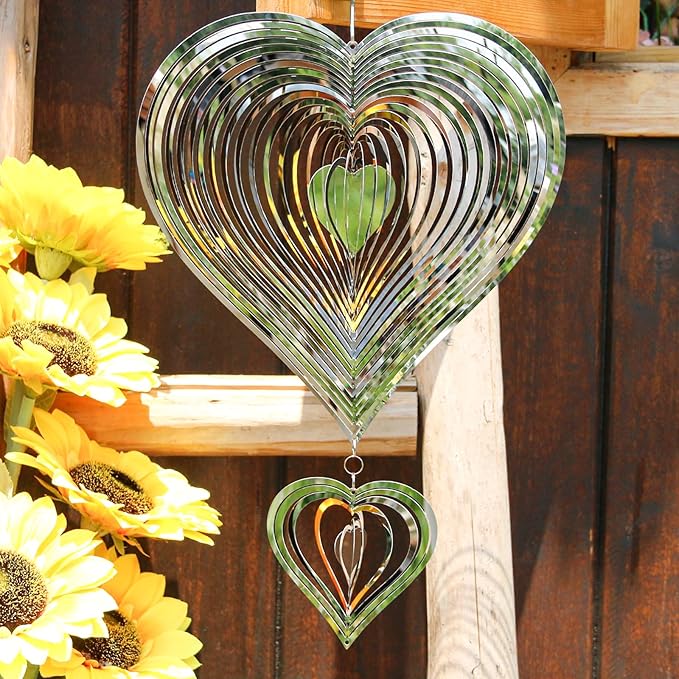 Phuryllic Wind Spinners Outdoor, Garden Decor, Bird Deterrents for Outside, 3D Metal Yard Decorations for Patio & Porch, Unique Gardening Gifts for Women & Moms - 2pcs Silver Heart