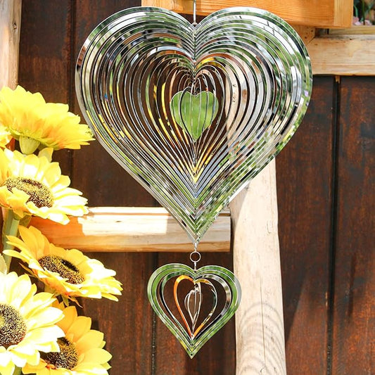 Phuryllic Wind Spinners Outdoor, Garden Decor, Bird Deterrents for Outside, 3D Metal Yard Decorations for Patio & Porch, Unique Gardening Gifts for Women & Moms - 2pcs Silver Heart