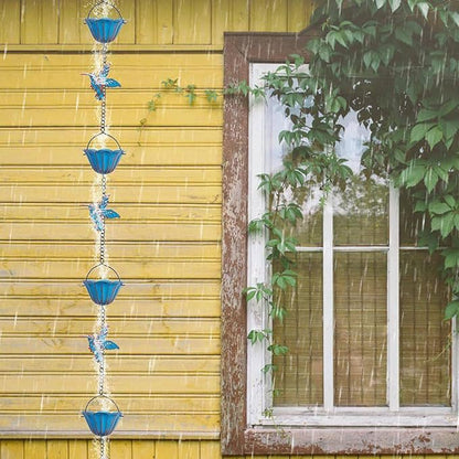Rain Chains for Gutters, 7.87Ft Hummingbird and Cup Rain Chains for Gutters, Adjustable Rain Chimes for Outside Replacement Downspout for Gutters Eaves Drainage, Blue