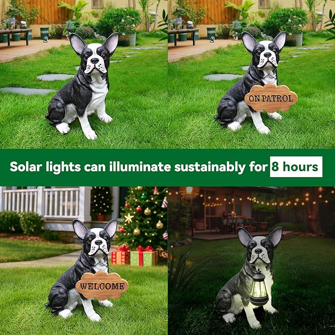 Cheerful Black & White Boston Terrier Dog Sculpture with Solar Lantern & Double-Sided 'On Patrol' and 'Welcome' Signposts – Fun Outdoor Resin Statue for Garden, Yard, and Patio Décor