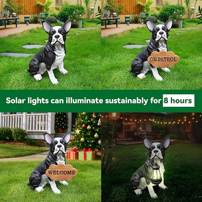 Cheerful Black & White Boston Terrier Dog Sculpture with Solar Lantern & Double-Sided 'On Patrol' and 'Welcome' Signposts – Fun Outdoor Resin Statue for Garden, Yard, and Patio Décor