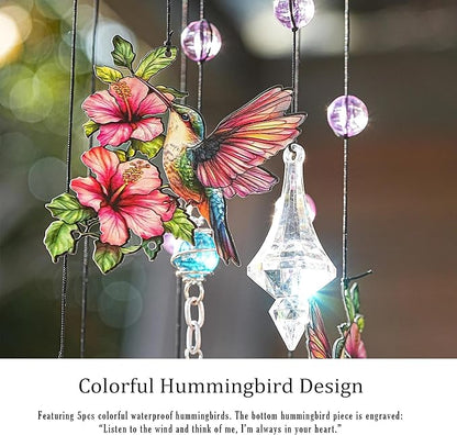 YU FENG Hummingbird Wind Chimes with Crystal Suncatcher – 27 Inch Memorial Wind Chime for Outdoor Garden Decor, Pink Hummingbird Gifts for Women/Mom/Grandma, Durable Metal Windchimes for Yard/Patio