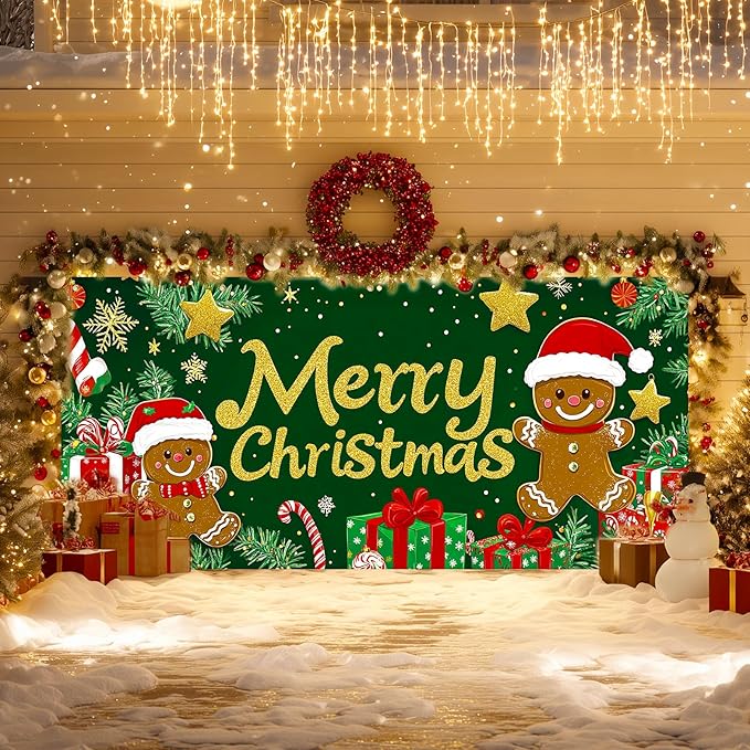 IVN Merry Christmas Garage Door Banner 13x6ft Festive Backdrop Gingerbread Cookie Gifts Green Photo Prop Background for Joyful Holiday Yard Door Cover Background Outdoor Winter Scene