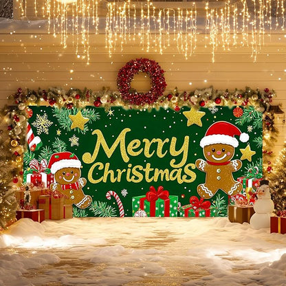 IVN Merry Christmas Garage Door Banner 13x6ft Festive Backdrop Gingerbread Cookie Gifts Green Photo Prop Background for Joyful Holiday Yard Door Cover Background Outdoor Winter Scene