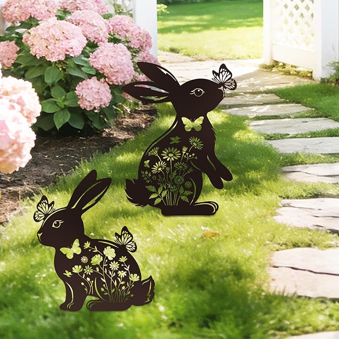 Bunny Garden Decor for Outside - 2 Pcs Rabbit Statue Metal Yard Art Stakes Lawn Patio Pathway Pot Decoration Black Silhouette Sculpture Easter Birthday Gifts for Women Girls Mom Grandma
