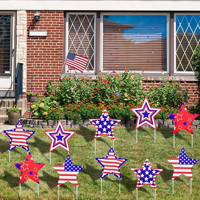 10-Piece 4th of July Star Yard Signs with Stakes - 5 Assorted Designs, 12-Inch Large Patriotic Star Signs for Outdoor Garden and Lawn Decoration for Independence Day Party Favor