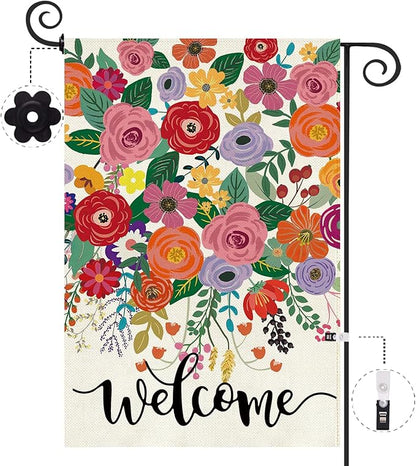Baccessor Spring Summer Welcome Garden Flag Double Sided 12.5 x 18 Inch Burlap with Clip and Stopper,Floral Flowers Flag Seasonal Farmhouse Front Yard Lawn Outside Outdoor Decoration