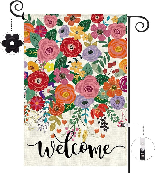 Baccessor Spring Summer Welcome Garden Flag Double Sided 12.5 x 18 Inch Burlap with Clip and Stopper,Floral Flowers Flag Seasonal Farmhouse Front Yard Lawn Outside Outdoor Decoration