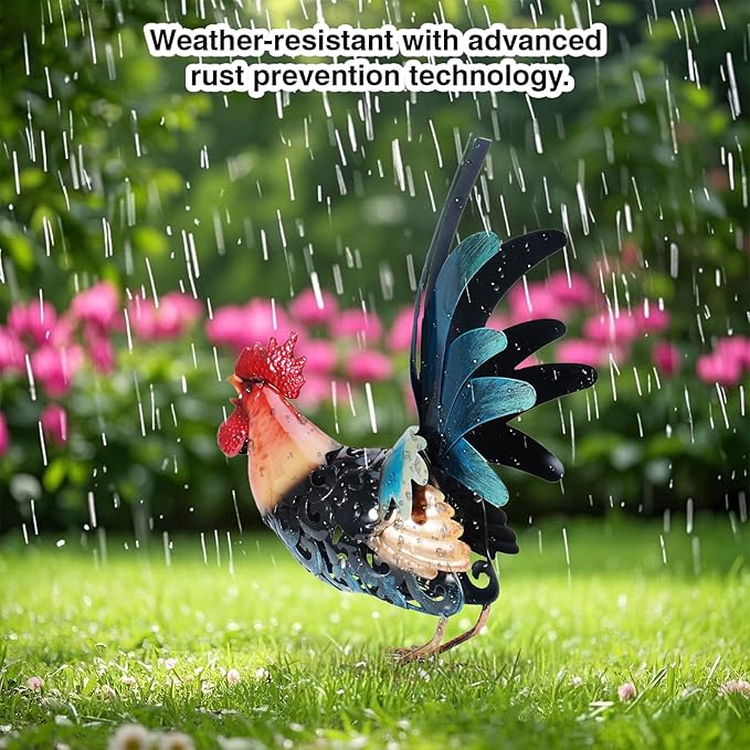 16.5" Whimsical Metal Rooster Garden Statue, Handmade Morning Crowing Rooster Sculpture with Green Tail Feathers, Rust-Resistant Iron Art for Yard, Farmhouse, Kitchen & Outdoor Decor