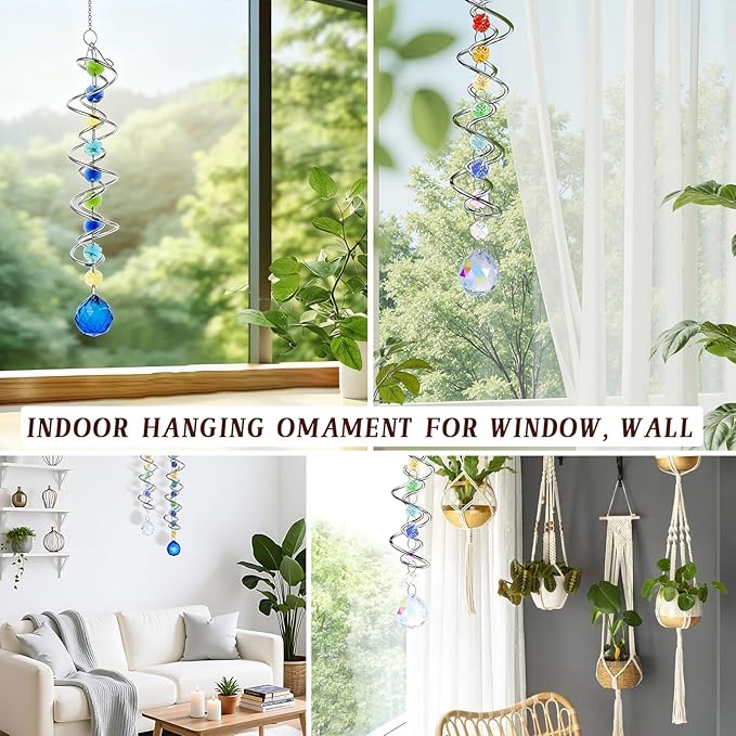 2 Pack Crystal Sun Catcher,Colored Suncatcher for Window Hanging Double Spiral Design,Wind Spinner Gazing Prism Ball Spiral Tail,Rainbow Maker for Yard Garden Indoor Home Outdoor Decor Party Gifts