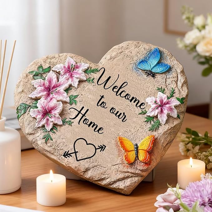 Welcome to Our Home-Resin Stepping Stone,Outdoor Garden Pathway Decoration,Heart Shaped Decorative Stone for Garden,Walkway Sculpture Yard Art for Patio,Home Decor