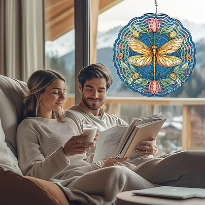 Dragonfly Floral Wind Spinners Outdoor, Hanging Wind Spinner for Garden Decoration, 8 inch 3D Stainless Steel Metal Wind Sculpture for Indoor/Outdoor Decor