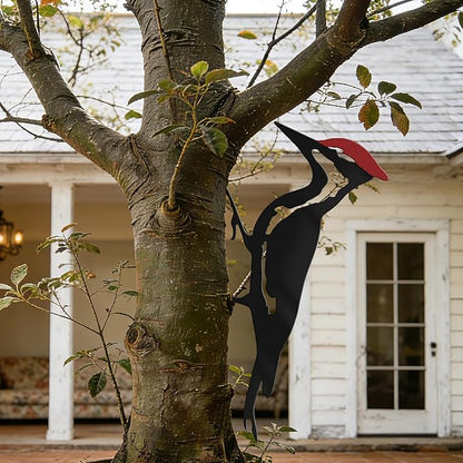 Woodpecker Metal Yard Decor, Red Head Bird Tree Branch Decoration - Rustic Metal Yard Art for Garden, Fence & Outdoor Decoration