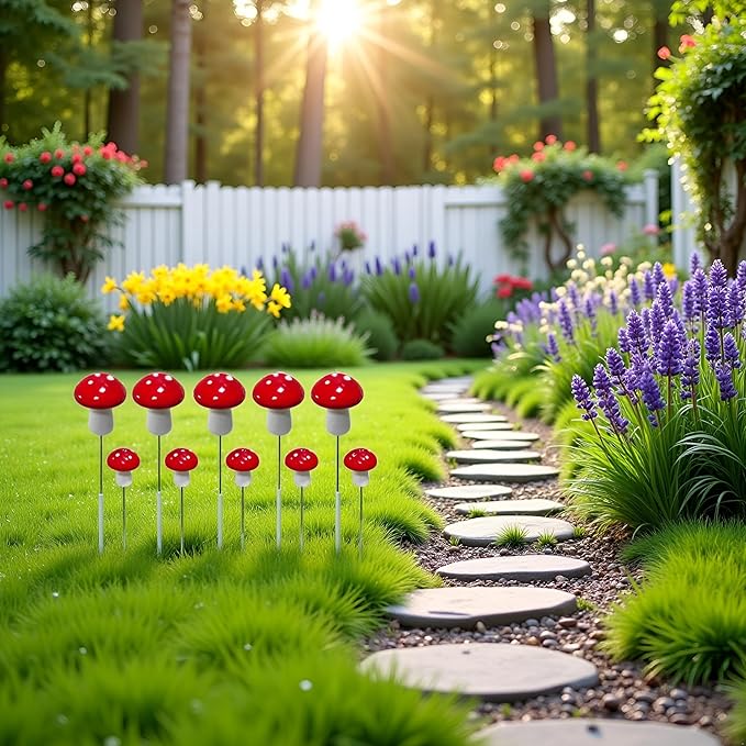 10Pcs Red Garden Stakes Mushroom Miniatures Indoor Outdoor Silhouette Fairy Garden Lawn Yard Decorations Lawn Inset Craft Decorative Garden Stakes Outdoor Decor