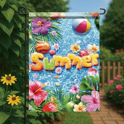 Summer Garden Flag 12x18 Inch Colorful Summer Pool Tropical Flowers Beach Ball Water Design Outdoor Yard Porch Lawn Patio for Seasonal Coastal Home Decor