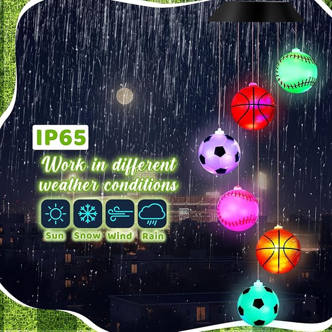GlikCeil Sports Ball Solar Wind Chimes 27.5inch Sports Decorations Outside Waterproof Hanging LED for Yard, Porch, Patio, Party, Color Changing Lights