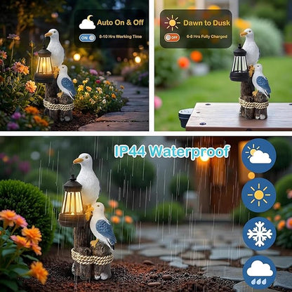 Seagull Solar Garden Outdoor Decor Statues with LED Lantern, Hand Painted Resin Animal Figurine Lights for Patio Lawn Yard Pathway, Unique Coastal Gifts for Women Mom Grandma
