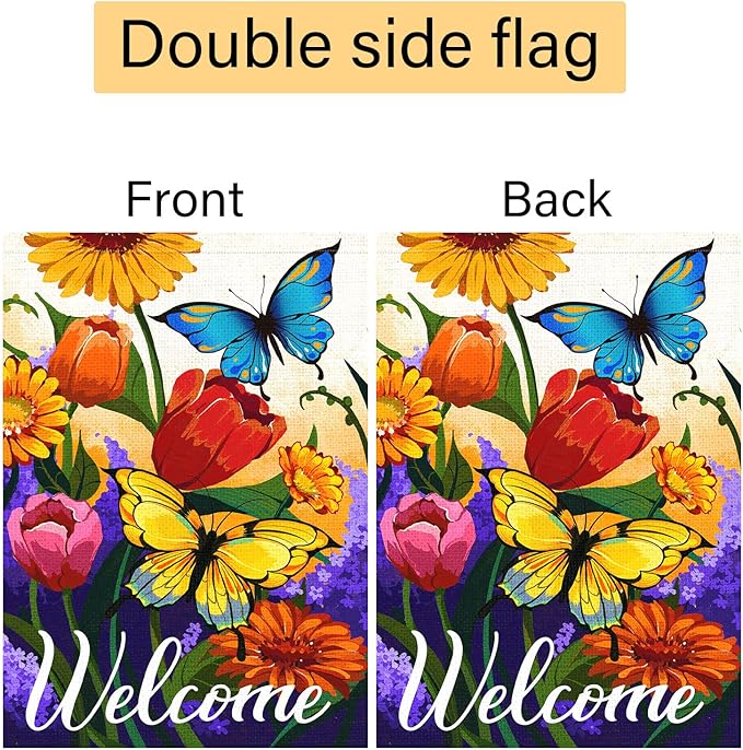 Louise Maelys Welcome Spring Floral Garden Flag 12x18 Double Sided, Burlap Small Vertical Summer Butterfly for Yard Seasonal Outside Outdoor House Decoration