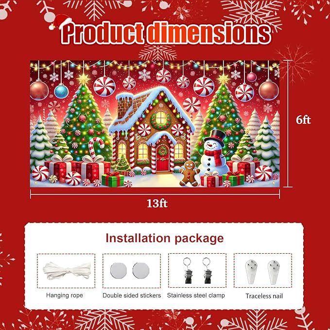 HOMETITUTE Christmas Garage Door Banner 13x6ft Gingerbread House Snowman Candy Cane Holiday Backdrop Winter Scene Indoor Outdoor Wall Hanging Seasonal Party Decorations Festive Porch Entry