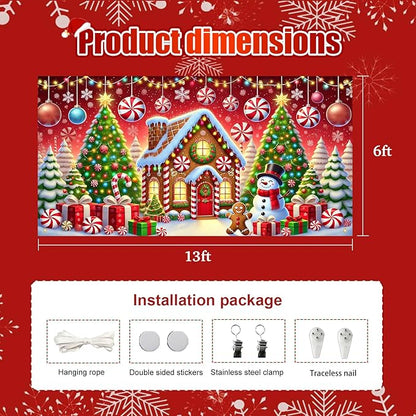 HOMETITUTE Christmas Garage Door Banner 13x6ft Gingerbread House Snowman Candy Cane Holiday Backdrop Winter Scene Indoor Outdoor Wall Hanging Seasonal Party Decorations Festive Porch Entry