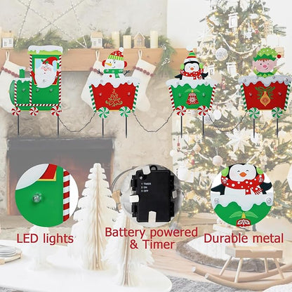 Christmas Yard Stakes Light Up Christmas Yard Decorations with LED Santa Claus Snowman Penguin Clown in Train Lighted Metal Garden Stakes Outdoor Xmas Stake Lawn Pathway Outdoor Decoration