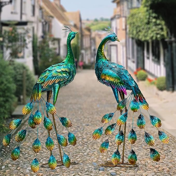 Kircust Metal Peacock Sculptures - Set of 2 Outdoor Garden Yard Art, Durable Weather-Resistant Lawn Statues, Hand-Painted, 30.7" H - Ideal for Backyard, Patio, and Porch Decor