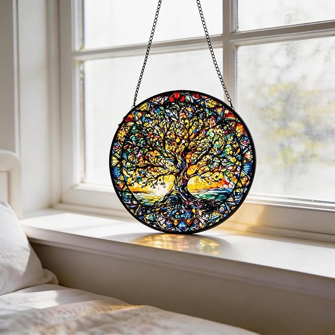 Stained Glass Sun Catcher,Tree of Life Glass Window Hanging Garden Decor,Sun Catchers Indoor Window,Whimsical Decoration for Home Backyard Patio Lawn Porch with 6.3 INCH