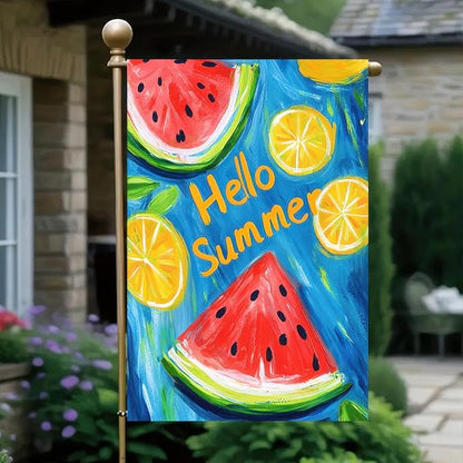 BlissYard Hello Summer Garden Flag Double Sided 12 x 18 Fruity Watermelon Lemon Juice Small Decorative Farmhouse Yard Seasonal Decor Outdoor Outside