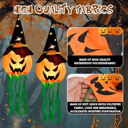 Halloween Decorations Outdoor, 4 PCS Hanging Lighted Glowing Pumpkin Witch Hat with 3 Modes Lighted Up Scary Orange Halloween Decorations for Indoor Outside Party Yard Tree Garden, 24Inch