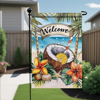 Welcome Coconut Drink Garden Flag Tropical Beach Palm Leaves Ocean Outdoor Yard Porch Lawn Garden Decor for Summer Seaside Patio Coastal Farmhouse Seasonal Home Display