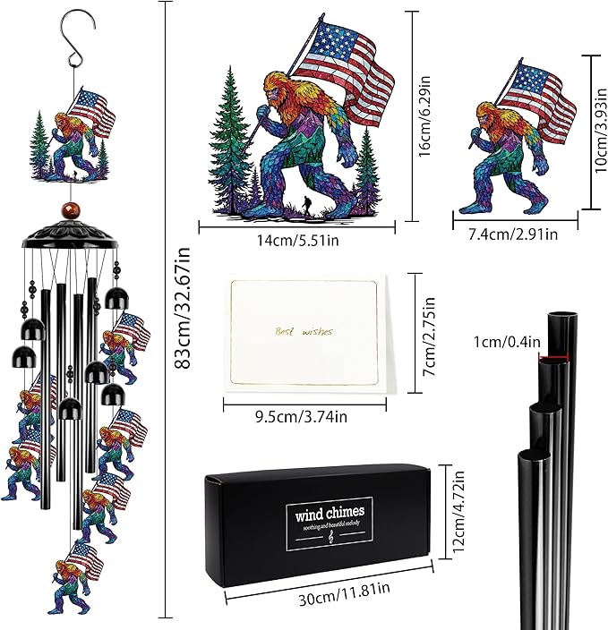 Fathers Day Big Foot Sasquatch Gifts, Sasquatch Patriotic American Flag Wind Chimes for Outside, Colorful Big Foot Outdoor Windchime for Home Garden Patio Porch Yard Decor