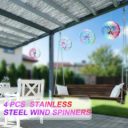 Maitys 4 Pcs Stainless Steel Wind Spinners Butterfly Dragonfly Hummingbird Gifts for Women 12 Inch 3D Iron Wind Spinners Hanging for Yard Indoor Outdoor Art Kinetic Sculptures for Garden Decorations
