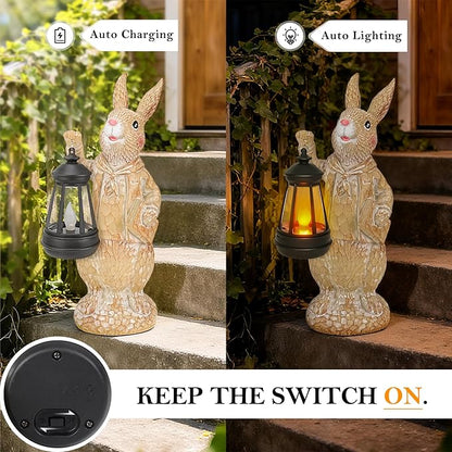 Dr. Bunny Solar Garden Statue, Rabbit Figurine with Glowing Lantern, Handcrafted Resin Outdoor Decor for Patio, Balcony, Yard, Gift for Women, Housewarming, Birthday