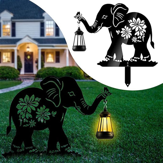 Elephant Solar Garden Stakes, Elephant Silhouette Decorative with Solar Lantern, Metal Garden Decor for Yard,Lawn,Pathway
