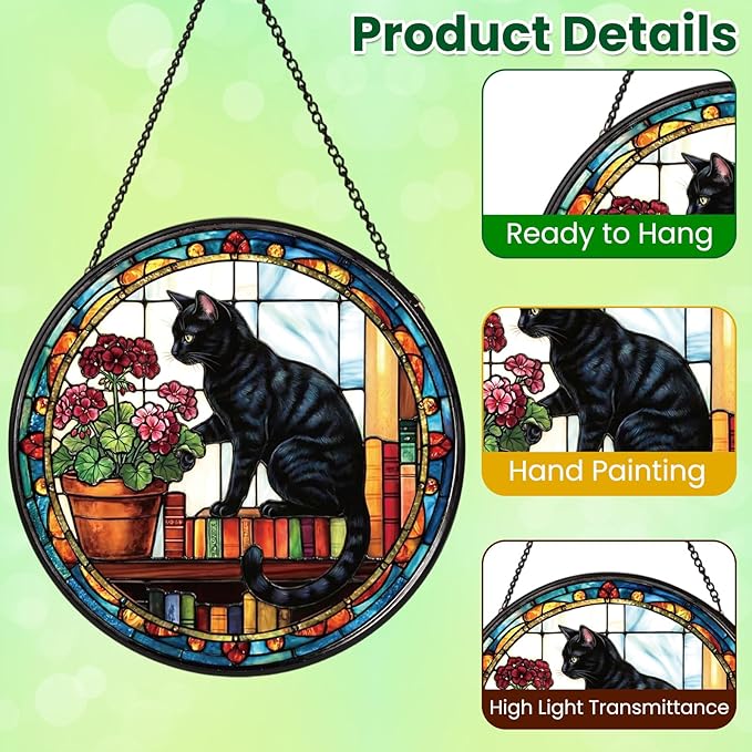 Stained Glass Window Hanging, Black Cat Themed Stained Glass Suncatcher, Window Decor, Black Cat Design Decorative Gift for Women, Couples, Best Friend, Family, Colleague, Classmate 7.8 Inch