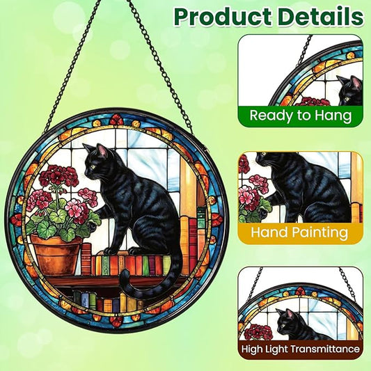Stained Glass Window Hanging, Black Cat Themed Stained Glass Suncatcher, Window Decor, Black Cat Design Decorative Gift for Women, Couples, Best Friend, Family, Colleague, Classmate 7.8 Inch