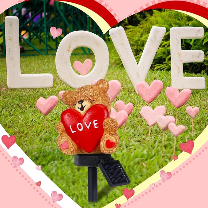 VIHOSE Valentine's Day Solar Bear with Heart Garden Stake Lights Love Themed Bear with Heart Outdoor Solar Lights Waterproof Statue Figurine Garden Art for Home Patio Outdoor Decoration