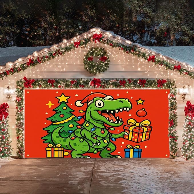HOMETITUTE Christmas Garage Door Banner 13x6ft Dinosaur T-Rex Theme Backdrop Seasonal Christmas Decor Winter Door Cover Banners for Outside Garage Wall Covering for Party Garage Decorations