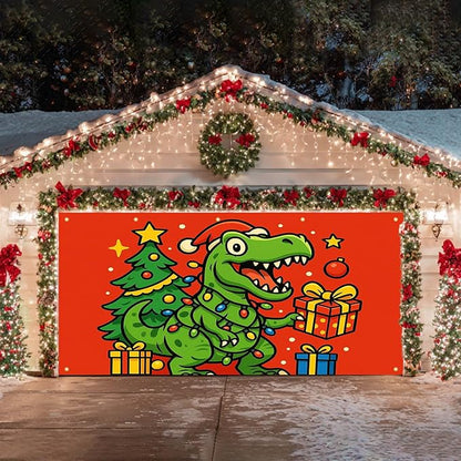 HOMETITUTE Christmas Garage Door Banner 13x6ft Dinosaur T-Rex Theme Backdrop Seasonal Christmas Decor Winter Door Cover Banners for Outside Garage Wall Covering for Party Garage Decorations
