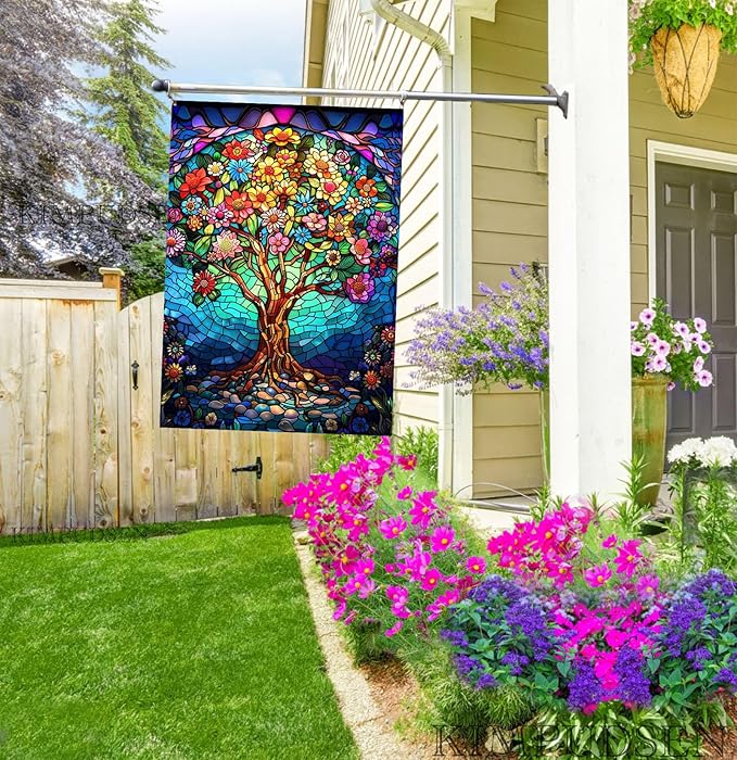 Floral Tree of Life House Flag 28x40 Inch Double Sided Outside, Stained Glass Spring Summer Large Burlap Yard Flag Double Sided Outdoor Decoration