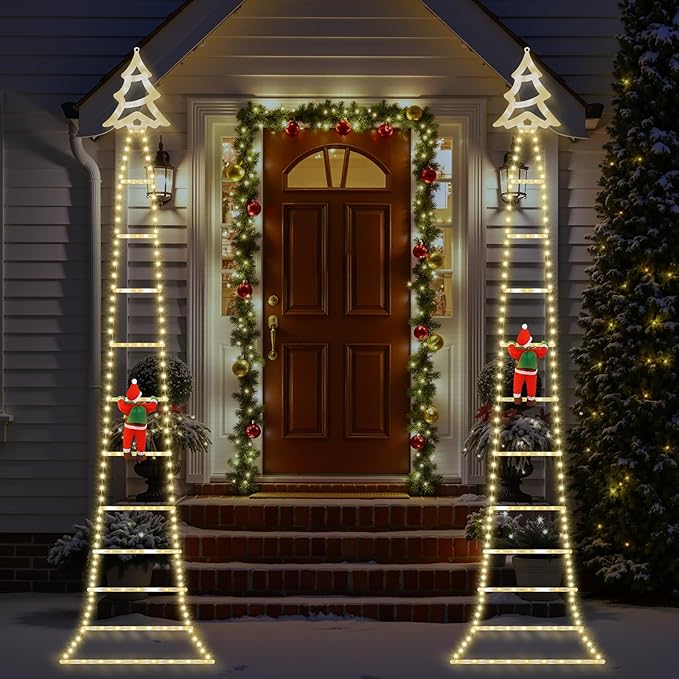Christmas Ladder Lights with Santa Claus, 248 LED Rope Ladder Light, 8 Lighting Modes & 6H Timer, Waterproof Xmas Decorations Light for Indoor Outdoor, Yard, Porch, Wall, Christmas Tree Decor