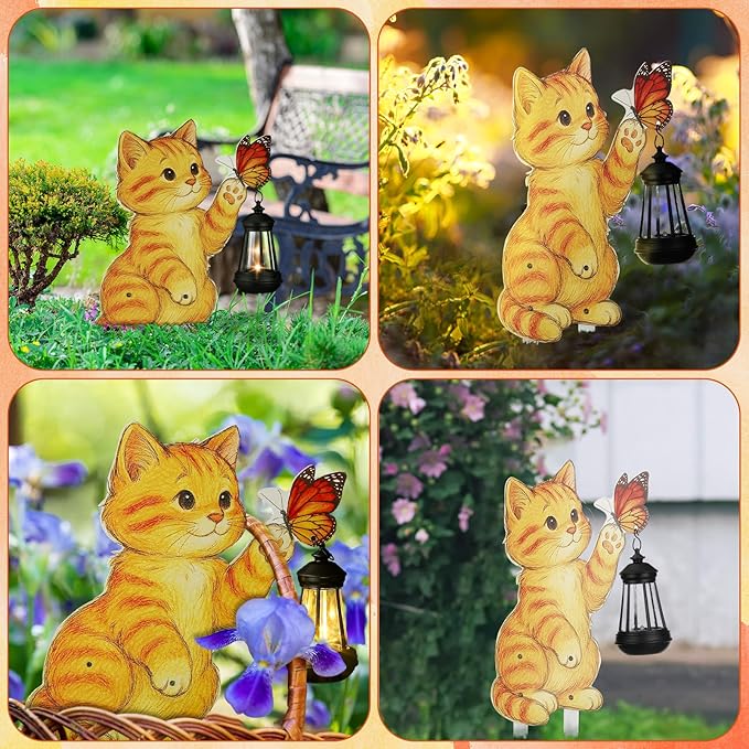 WILLBOND Cat Garden Decor Summer Outdoor Solar Lights Decor, Metal Orange Cat Garden Stake with Butterfly, Outside Stake Signs Gifts for Mom Yard Lawn Patio Unique Gift Ideas