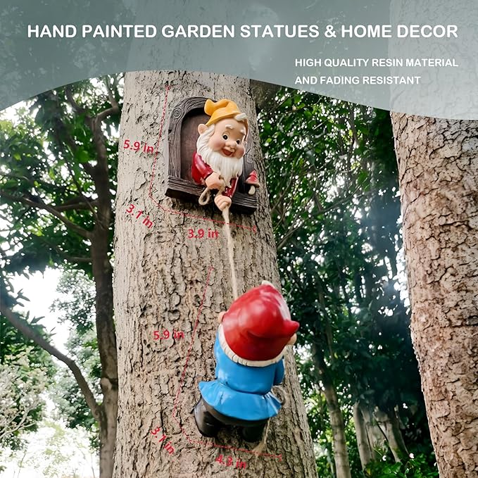 Elenon Climbing Gnomes Tree Faces Decor, Adorable Gnome Tree Hugger Fairy Garden Statue, Funny Peeker Sculpture Outdoor Yard Patio Art (2 Pack)